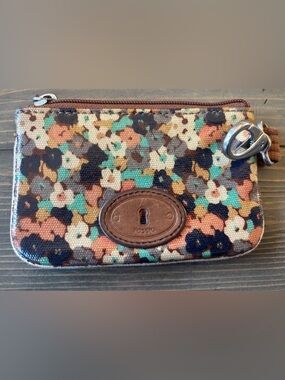 Fossil Floral Canvas Coin Pouch in Brown, Green & Peach
